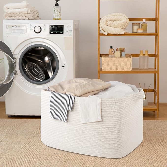 SIXDOVE 95L Large Storage Basket, Cotton Rope Woven Blanket Basket, Toy Storage for Baby Room, Living Room, 24" x 16.9" x 14.2", White