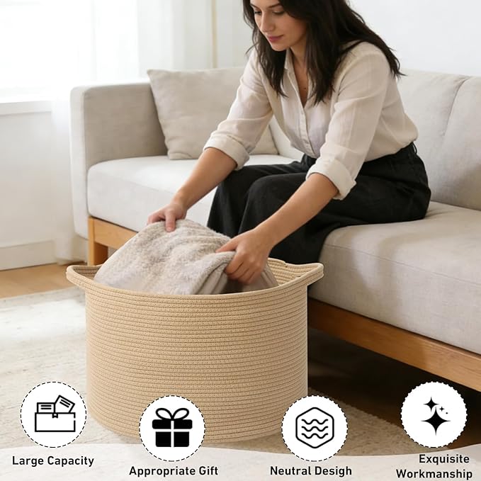 90L Large Blanket Basket,21.7"L x 21.7"W x 13.8"H Rope Woven Baskets with Handles, Toys Storage Bins,Laundry Basket Perfect for Living Room, Nursery,Bedroom,Home Organization,Camel