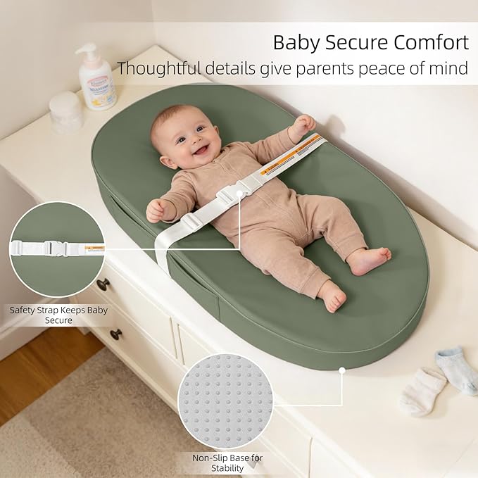 Baby Changing Pad, Waterproof Vegan Leather Wipeable Diaper Changing Pad with Safety Strap Non-Slip Changing Mat for Dresser & Table