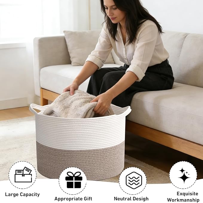 Large Storage Basket with Handle,19.7" L x 19.7" W x 13" H Blanket Basket Storage Bins for Organizing,65L Cotton Rope Woven Baskets for Living Room, Nursery ,Bedroom,White&Brown