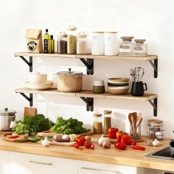 Fixwal Floating Shelves for Wall, Wood Wall Mounted Shelves for Bedroom, Bathroom, Living Room, Kitchen Storage and Decor(Rustic Brown, Set of 4, 16.5 Inch)