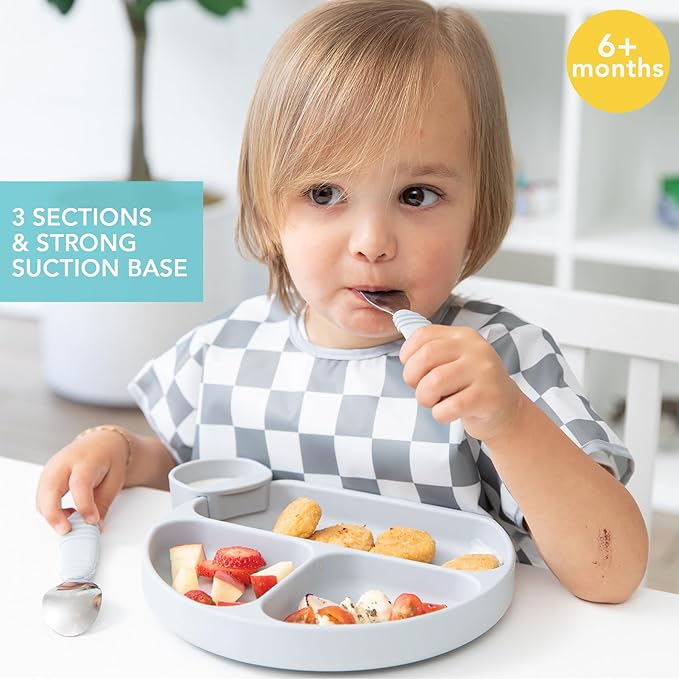 Bumkins Toddler and Baby Suction Plate, Silicone Divided Grip Dish for Babies and Kids, Baby Led Weaning, Children Feeding Supplies, Non Skid Bottom, Platinum Silicone, 6 Months Up, Gray and Blue