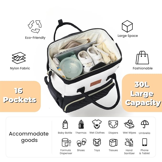 ROSEGIN Baby Diaper Bag Backpack with Changing Pad, Pacifier Case, for Boy Girl Toddler - Large, Stylish, Waterproof Travel Quilted Diaper Bag for Mom - Black/White