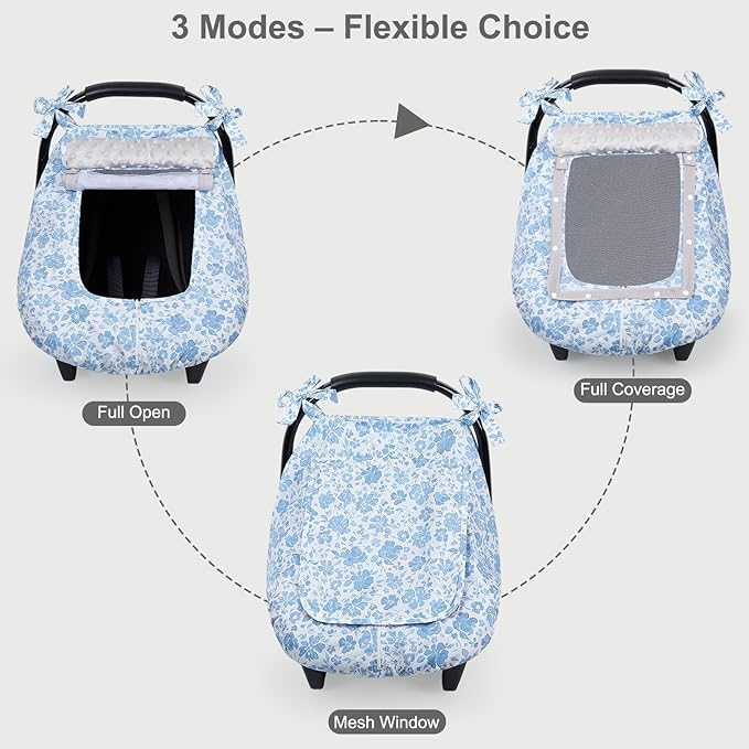 FIOBEE Baby Car Seat Cover, Car Seat Covers for Babies Infant Car Seat Canopy with Breathable Mesh Window Waterproof Carseat Cover for Babies Boy Girl 4 Seasons, Ice Blue Floral