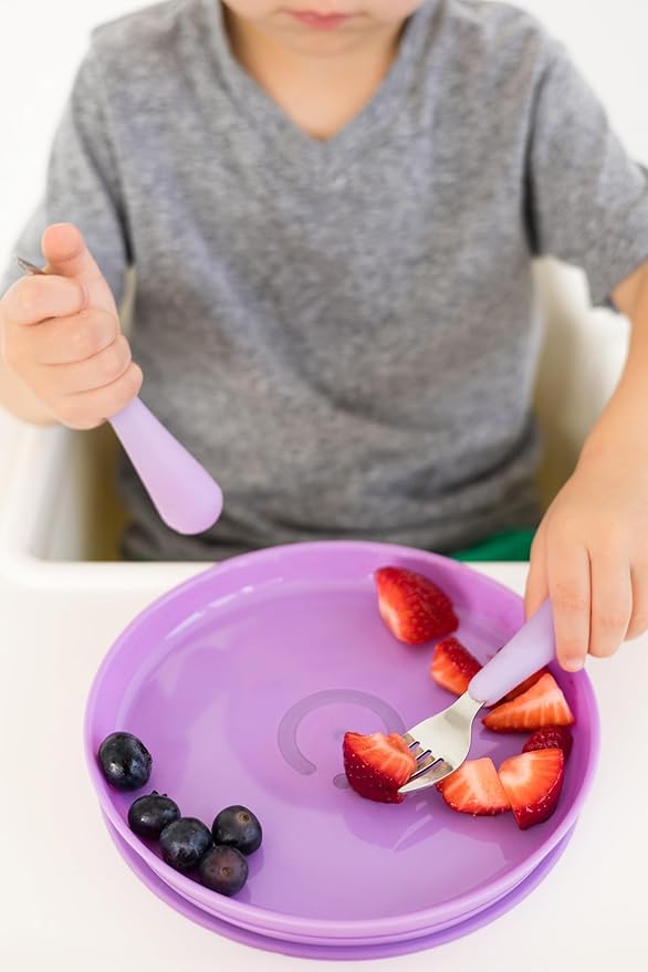 Ubbi Toddler Utensils Set, 2 Pack – Stainless Steel Fork & Spoon with Easy-Grip Silicone Handles, Kids Silverware for Self-Feeding & Baby-Led Weaning, BPA-Free Dishwasher Safe, Smoothie Purple