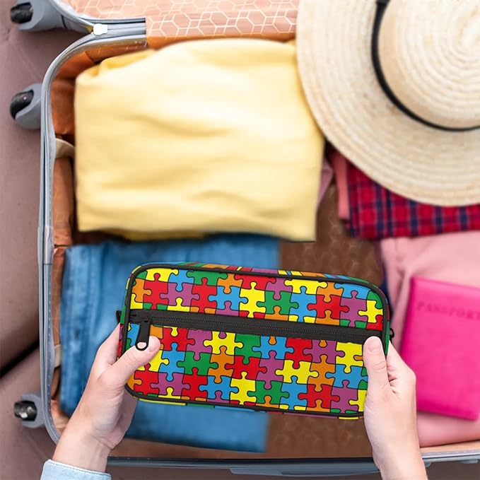 Travel Toiletry Bag for Kids Colorful Puzzle Waterproof Hanging Cosmetic Pouch Dopp Kit Medicine Organizer Bag for Girls & Boys