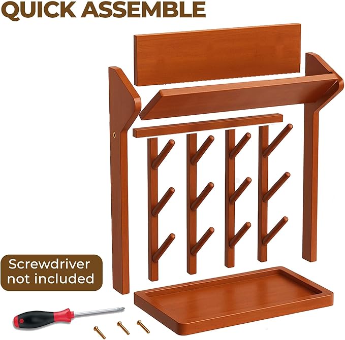 Vertical Rubber Wood Stand, 9-Hook Bottle Drying Rack, for Baby Bottles, Mugs, Glasses | Thread Rack Organizer or Yarn Holder | Kitchen Storage, Sewing Storage Solution, Brown Color