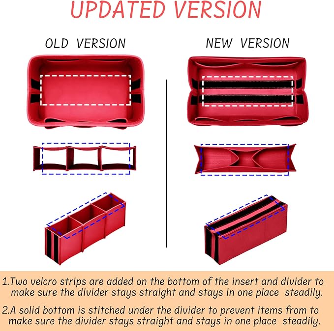 Purse Organiser with Zip, Key Ring, Felt Bag, Organiser, Handbag Organiser, with Key Chain for Bag, Suitable for LV Speedy Neverfull Longchamp, Red, Large