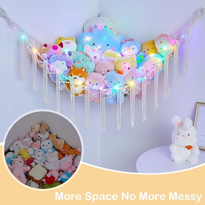 Basumee Stuffed Animals Net or Hammock with LED Light, Hanging Stuffed Animals Storage Toy Hammock Net Corner Wall Girls Room Decor Toy Storage Organizer, White, L