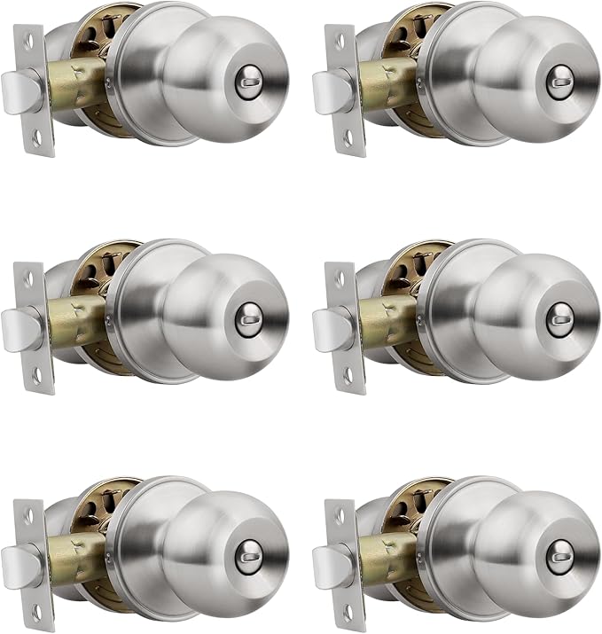 Knobonly 6 Pack Privacy Door Knobs Satin Nickel, Keyless Door Knobs Interior for Bedroom and Bathroom, Round Door Handles Stainless Steel, Classic Design
