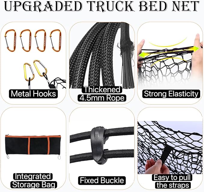 Envelope Style Truck Bed Cargo Net Compatible with 2013-2024 Chevy Silverado 1500 & GMC Sierra 1500,Highly Elastic Truck Cargo Net for Silverado and Sierra 1500 Accessories (Upgraded Storage Bag)