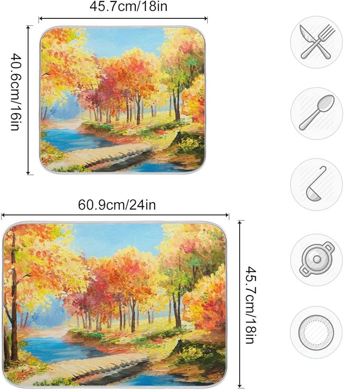 Absorbent Dish Drying Mat for Kitchen Counter - Forest Oil Painting Autumn Microfiber Drying Pad, Reversible Drainer Mats for Countertop, Small 16" x 18"