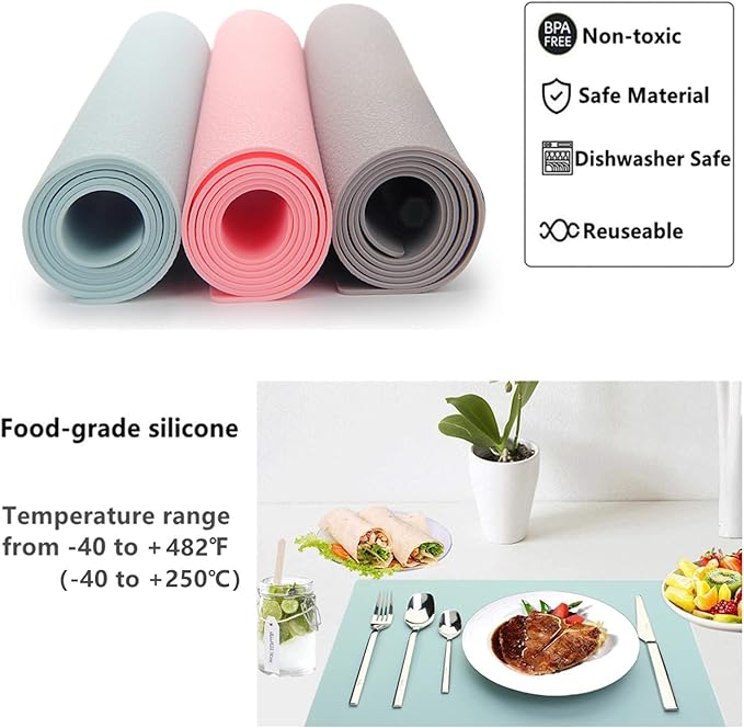 IYYI Silicone Placemats, Placemats Set of 4, Kids Place Mats, Waterproof Table Mat, Heat Resistant Non-slipTable Mats for Dining Table (Light Blue)