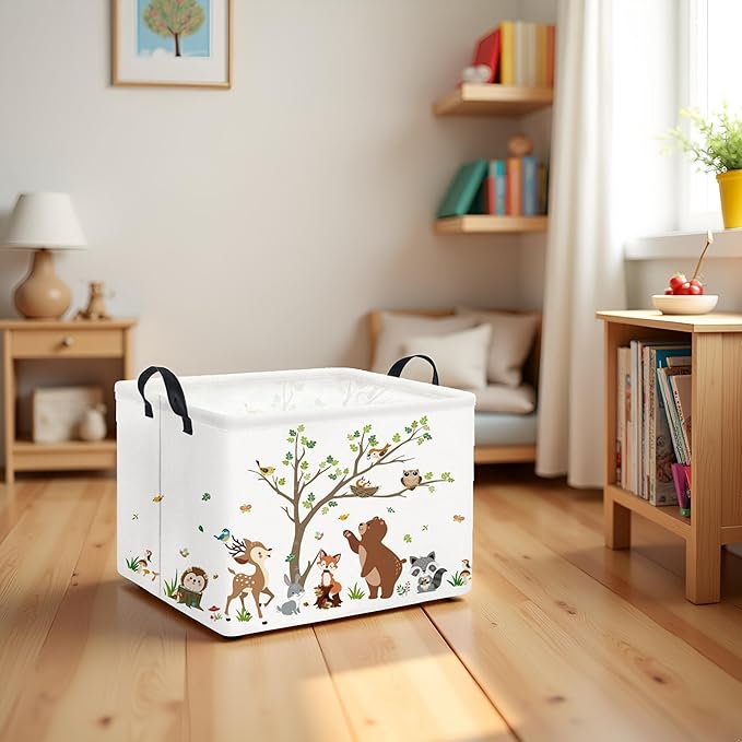 TIBAOLOVER Rectangular Kids Storage Basket Baby Storage Basket with Handles for Home Kitchen Boys and Girls Cute Toy Storage Bin Organizer Shelf Book Room Decor(Tree Animal)