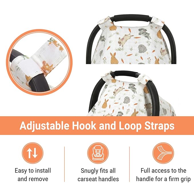 Metplus Car Seat Cover Baby, 100% Muslin Cotton Infant Carseat Covers for Boys and Girls, Lightweight Breathable Canopy, Summer Stroller Sun Shade, Newborn Travel Essentials(Rabbit)