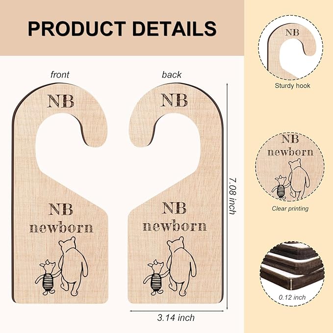 8Pcs Winnie Baby Closet Dividers for Newborn, Classic Winnie Baby Nursery Decor Wooden Hanger, the Pooh Clothes Dividers for Closet, Double-Sided Party Decor