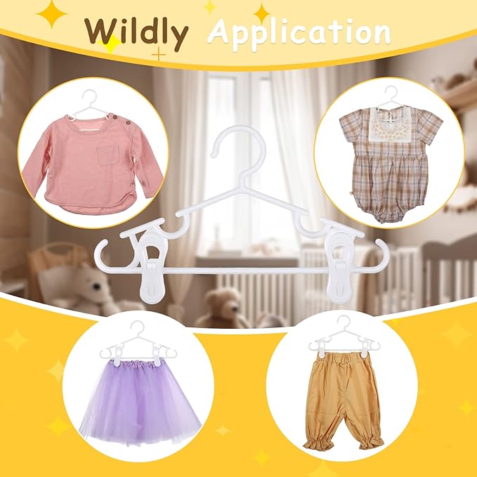 Hsei 5/10/40 Pack Baby Hangers with 10/20/80 Clips, Plastic Kids Pants Hangers for Nursery Closet Top and Bottom Clothes Hanger Set for Newborn Infant Toddler(80 Packs Total,White,10.6 Inch)