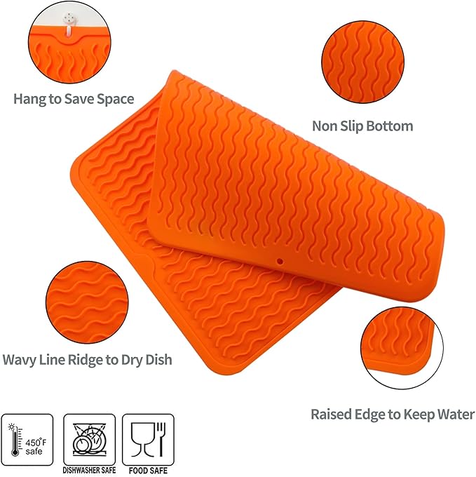 MicoYang Silicone Dish Drying Mat for Multiple Usage,Easy clean,Eco-friendly,Heat-resistant Silicone Mat for Kitchen Counter or Sink,Refrigerator or drawer liner Orange L 16 inches x 12 inches