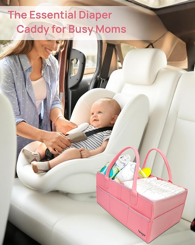 Feagar Baby Diaper Caddy Organizer, 15 Inch Large with 8 Pockets & 2 Dividers, Portable Nursery Storage Basket & Car Organizer for Changing Table, Travel (Pink)