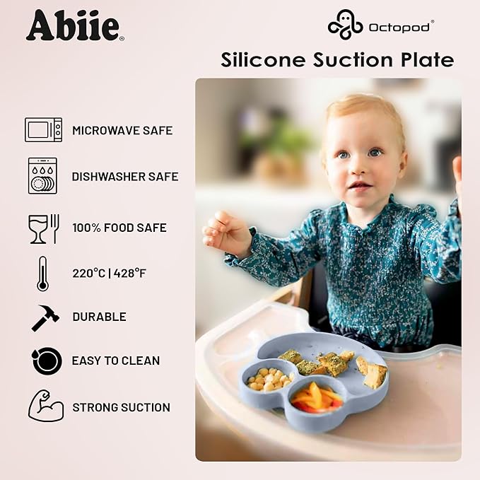 Abiie Octopod Frog Silicone Plates with Suction - Spill Proof, Easy to Clean - BPA-Free Bowl - Suction Plates for Baby and Toddler - Training & Feeding Divided Grip Dish (Pastel Yellow)