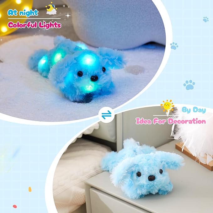 WEWILL 10'' Light up Blue Puppy Dog LED Stuffed Animal with Colorful Night Light Glow Soft Plush Toy Gifts for Kids on Christmas Birthday