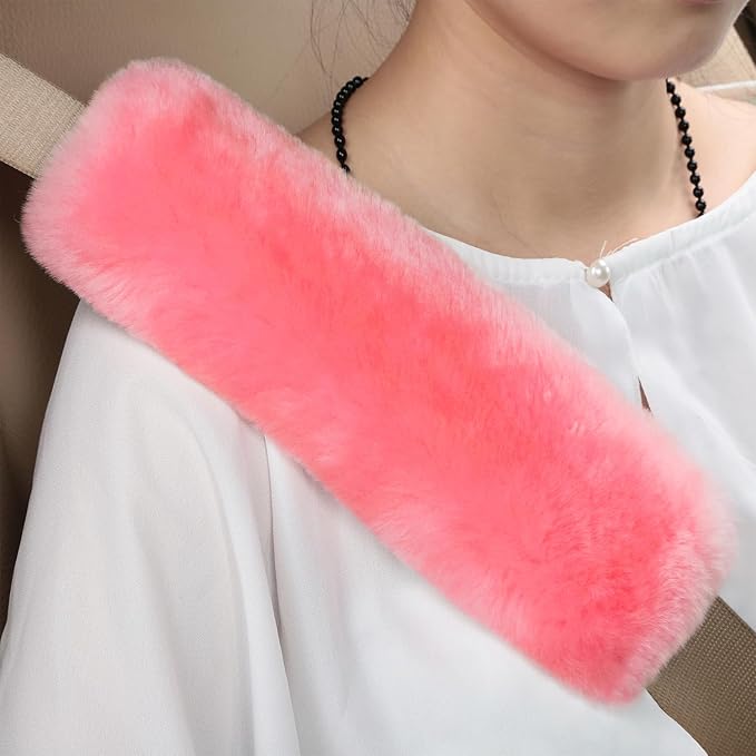 2pc Soft Genuine Sheepskin Wool Auto Seat Belt Cover Seatbelt Shoulder Pad for a More Comfortable Driving, Compatible with All Cars(Bright Pink)