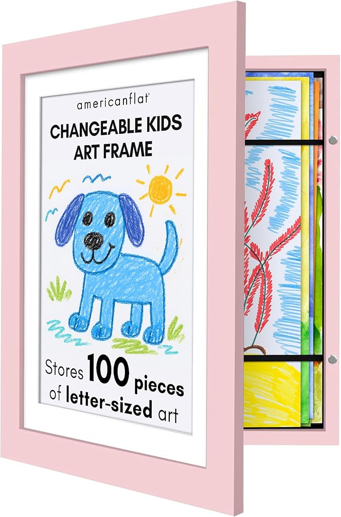 Americanflat Kids Artwork Frame Changeable (Light Pink) - Magnetic Door Holds 100 Art Pieces - 8.5x11 Letter Size Display with Mat or 10x12.5 Without Mat - My Mini Masterpiece