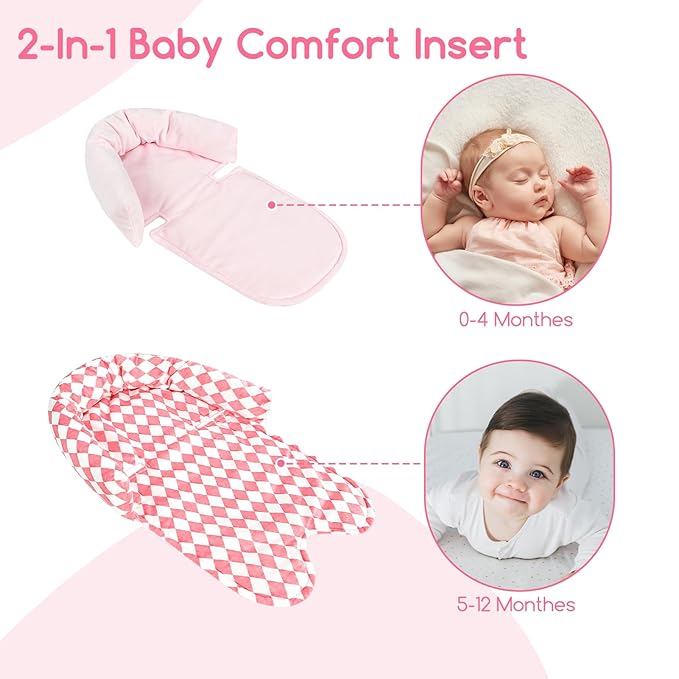 GFU Baby Car Seat Head Support for Newborn, 2 in 1 Infant Car Seat Head Body Support with Strap Pads, Soft Stroller Cushion Pillow Insert for Girls, Fits for Stroller, Swing, Pink Diamond