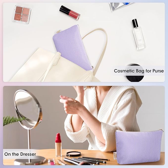 Wandering Nature Makeup Bag Small Cosmetic Bag for Purse 2 Pack Small Make Up Pouch Cute Travel Pouch with Zipper for Women, Purple Stripe
