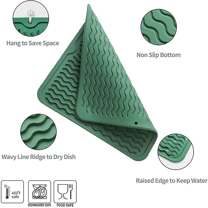 MicoYang Silicone Dish Drying Mat for Multiple Usage,Easy clean,Eco-friendly,Heat-resistant Silicone Mat for Kitchen Counter or Sink,Refrigerator or Drawer liner Green M 12 inches x 12 inches