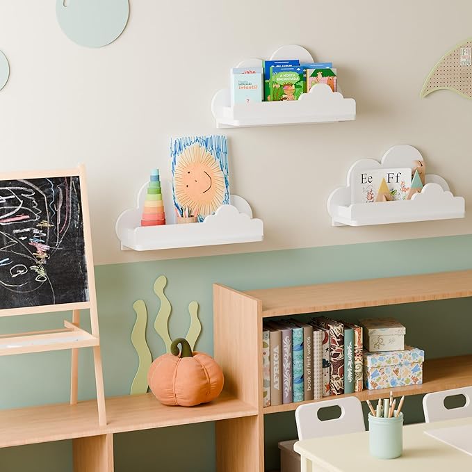 Cloud Shelves for Kid’s Room, 13’’ Long Nursery Wall Deor Set of 3, White Cloud Bookshelf Floating Shelf, Figure Shelf Wall Mounted, Cute Decorative Cloud Wall Shelf for Toys, Plants & Storage
