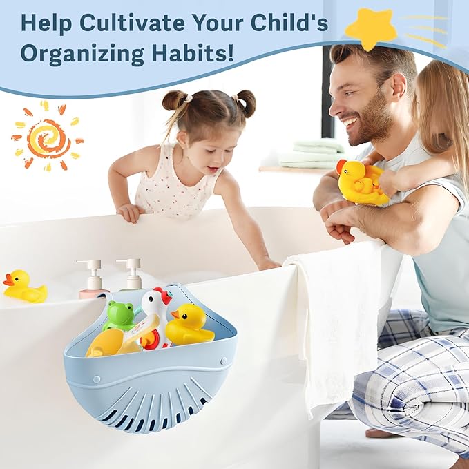 Silicone Bath Toy Organizer for Tub, Flexible 2-Compartment Bathtub Storage Basket for Kids & Adults, Drainable Toy Holder and Foldable Shower Caddy for Bathroom Essentials（Blue）