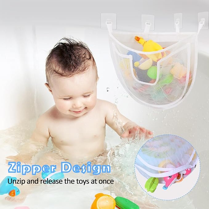 Bath Toy Storage, Large Capacity Bath Toy Holder with Bottom Zipper, Quick Release Bathtub Toy Storage with Large Pocket, Corner Mesh Bath Toy Organizer Basket Bin for Bathroom Toys - White
