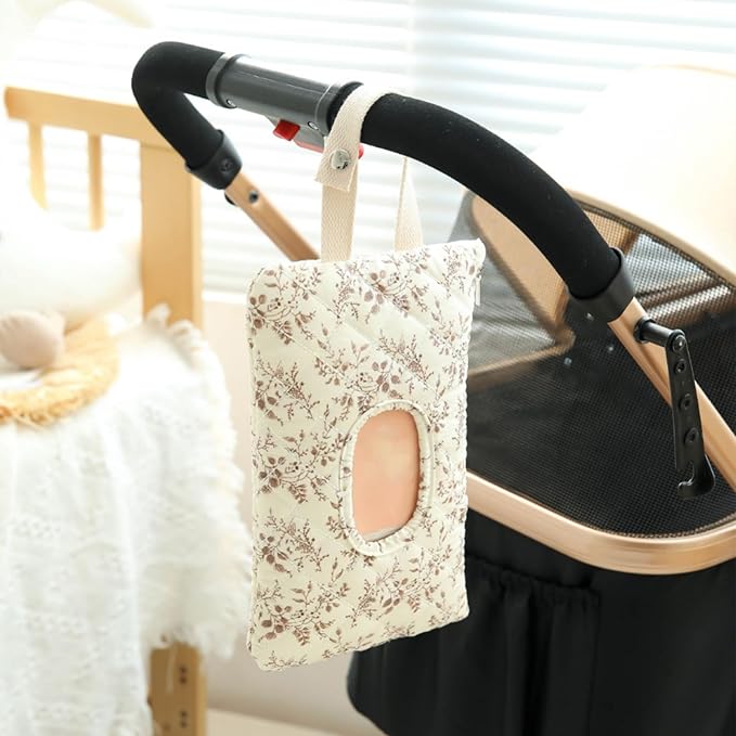 Quilted Baby Diaper and Wipes Pouch Portable Mommy Bag for Stroller Reusable Wipes Pouch with Lanyard for Casual Travel (Beige+Green)