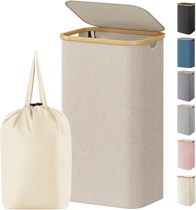 Lifewit 100L Laundry Basket with Lid, Clothes Hampers for Laundry with Bamboo Handles and 1 Removable Bag, Large Foldable Laundry Hamper for Bedroom, Bathroom, Dorm, Laundry Room, Beige