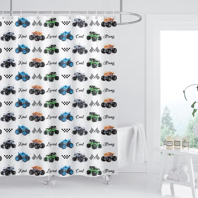 Kids Monster Truck Shower Curtain Cool Boys Cartoon Cars Inspirational Motivational Words Blue Green Orange Bathroom Decor Waterproof Fabric 72Lx72W inch with 12PCS Hooks