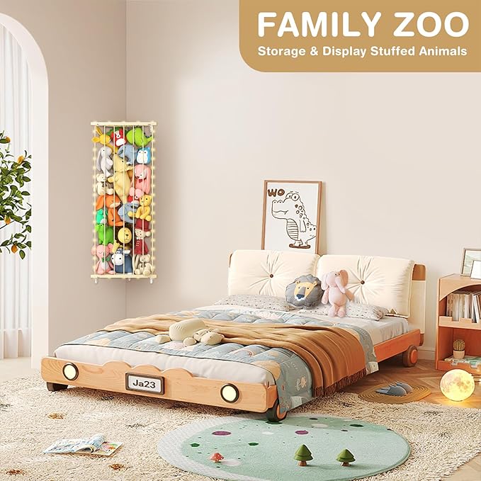 Stuffed Animal Storage Shelf Organizer(Patented) - Corner Stuffed Animal Holder Length Adjustable - Wall Plush Storage with Light for Nursery Playroom Bedroom Kids Room (Beige)