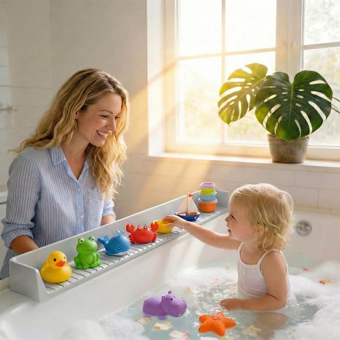 Bathtub Splash Guard for Kids - 31 Inch Silicone Tub Side Shelf with Strong Suction Cups, Toy Tray Holder to Prevent Water Spills, Keep Bathroom Dry (Gray)