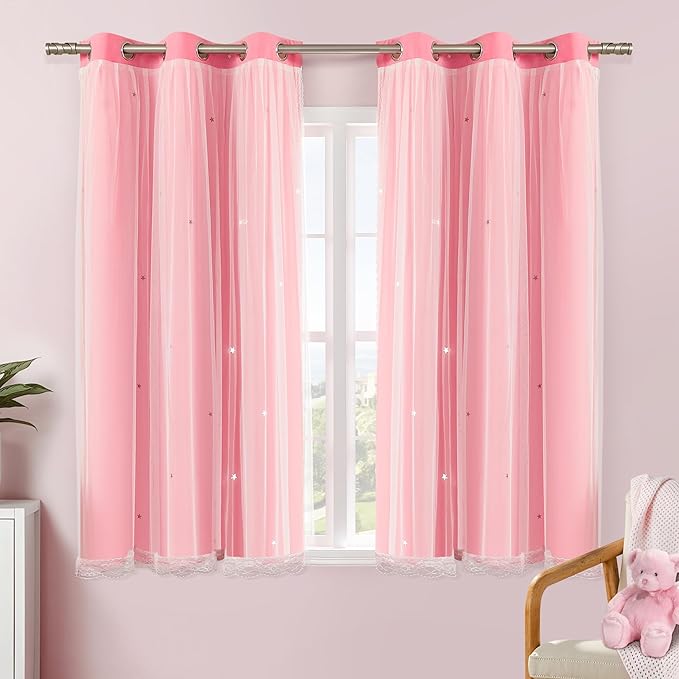 XiDi Pink Curtains for Girls Bedroom Double Layer Blackout Curtains Grommets Top Star Cutout Small Window Drapes with Sheer for Living Room Kids Nursery 2 Panels 42x63 Inch Length