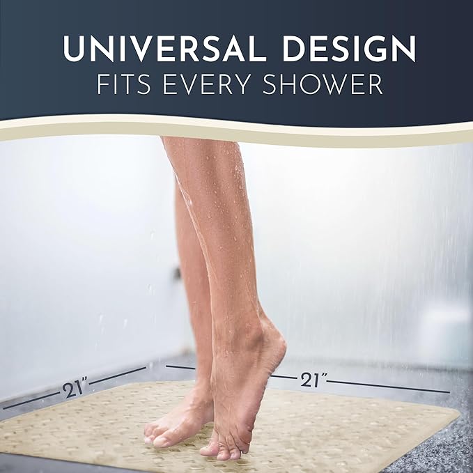 homerella® Shower Mat Non Slip Anti Mold, Non Slip Shower Mats for Inside Shower Stall Anti Slip Mat, Square Shower Floor Mat 21 x 21 in with Suction Cups & Hooks for Quick Drying, Machine Washable