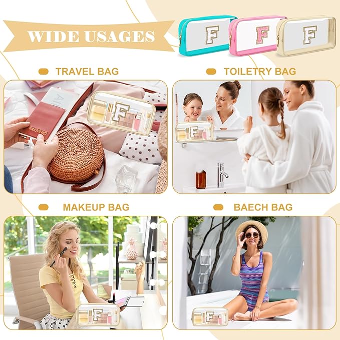 Personalized Initial Letter Clear Makeup Bag,Preppy Small Nylon&PVC Cosmetic Zipper Bag with Chenille Letter,Portable Beach Travel Skincare Toiletry Bag,Trendy Monogram Gift for Teen Girls Women,F