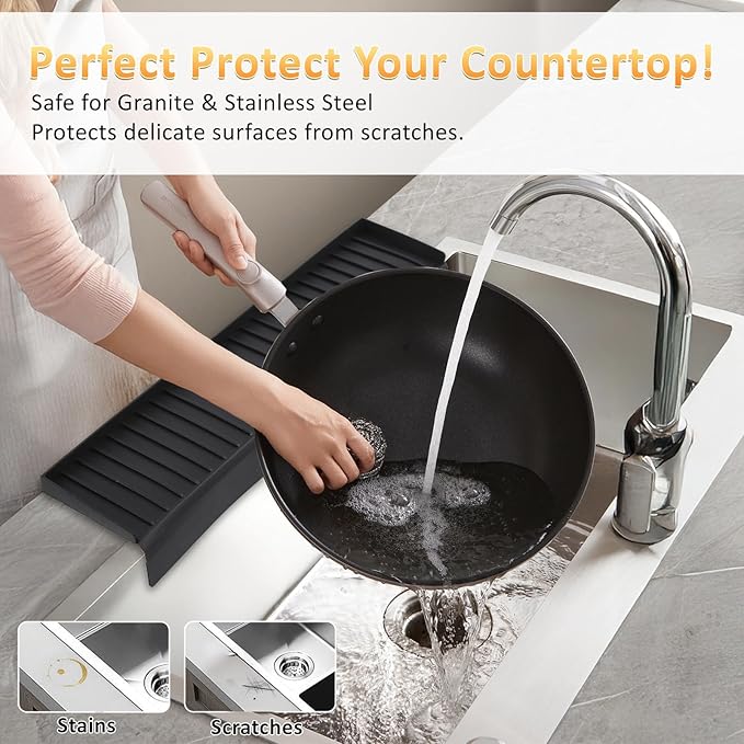 Sink Edge Protector with Suction Cup 4"x14", Silicone Sink Splash Guard for Kitchen & Bathroom, Protect Countertop from Scratches, Stains, for Stainless Steel Granite Quartz-Black