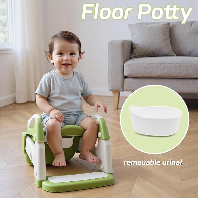 Snugzy Toddler Potty Training Seat 3-in-1 Foldable Potty Training Toilet with Step Stool Adjustable Potty Chair with Urinals (Green)