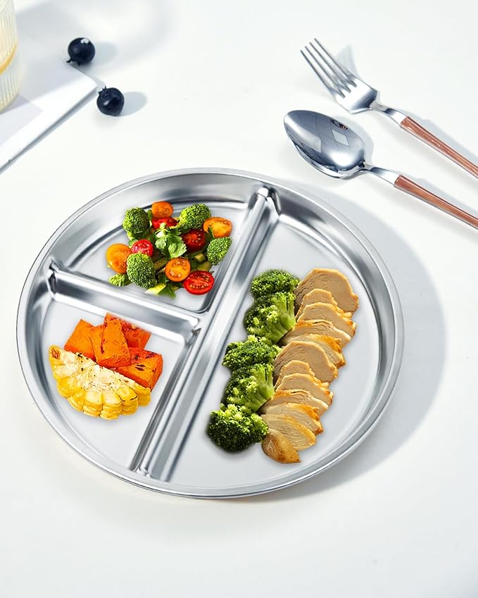 Bakpoco Stainless Steel Kids Plates 2 Packs, 9" Toddlers Divided Plates, Portion Control Plate for Bariatric Adults, Non Toxic Unbreakable Baby Dinner Dishes, 304 Metal Camping Food Tray