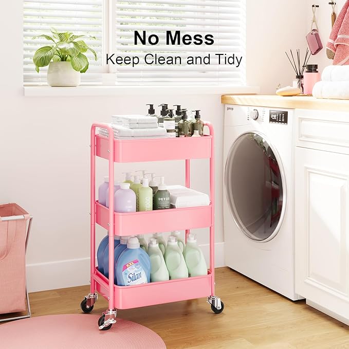 3 Tier Rolling Cart Metal with Lockable Wheels, Pink Three Tiered Diaper Caddy Cart Organizer on Wheels, Storage Utility Trolley Carts for Craft, Art, Nail, Lash, Baby Supplies, Cleaning, Mesh
