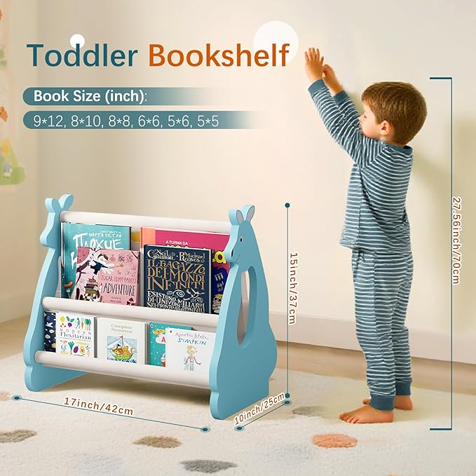 Lullulii Double Sided Kids Bookshelf – 2 Tier Portable Toddler Bookshelf, Book Shelf for Kids Rooms & Playroom, Cute Kangaroo Design Wooden Montessori Baby Bookshelf,Toddler Book Display Shelves,Blue