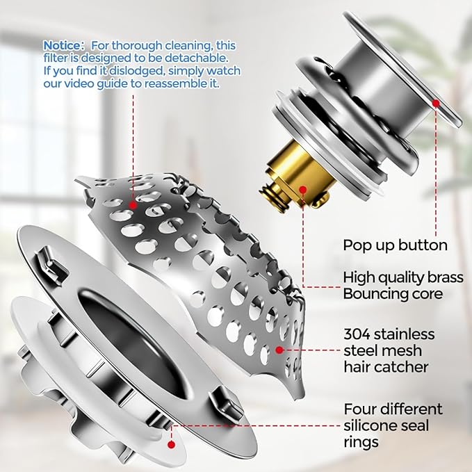 zaa Bathtub Drain Stopper, Upgraded 2in1 Tub Stopper Bathtub Drain Cover and Hair Catcher, Pop Up Bathtub Drain Plug, Replaces Lift & Turn, Tip-Toe or Trip Lever, for 1.46-2" W Drain Hole, Silver