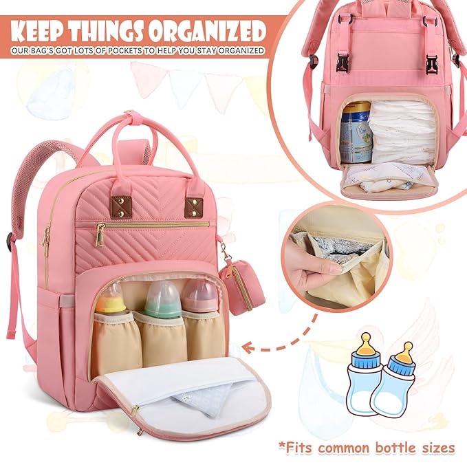 Tenot Baby Diaper Bag Backpack, Travel Diaper Bags for Baby Girl Boy Large Capacity Baby Bag Backpack for Women Light Pink