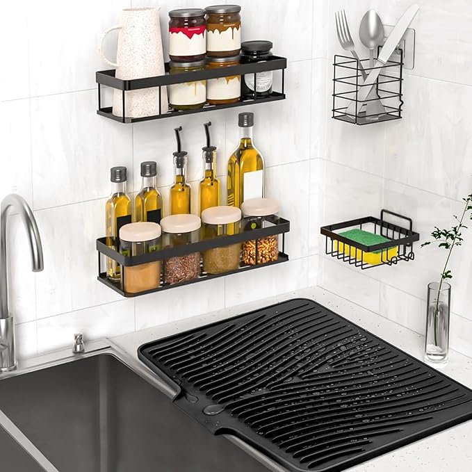 Dish Drying Mat, Stone Drying Mat for Kitchen Counter with Built-in Drain, Non-Slip Drying Matt Kitchen Counter, Heat Resistant Silicone Drying Mat, Dish Drying Pad, 2 Pcs (Black 20" x 15")