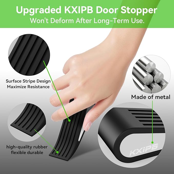 2 Pack Rubber Door Stopper Wedge - Black Non-Slip Soft TPR High-Elastic & Zinc Alloy Metal Material Door Stops for Bottom of Heavy Duty Door Wall Protector for Home & School with Self Adhesive Holder